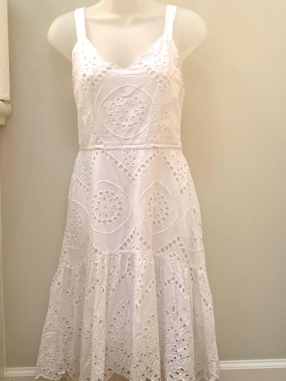 Breathable Japna White Eyelet V‑Neck Midi Dress 100% Cotton